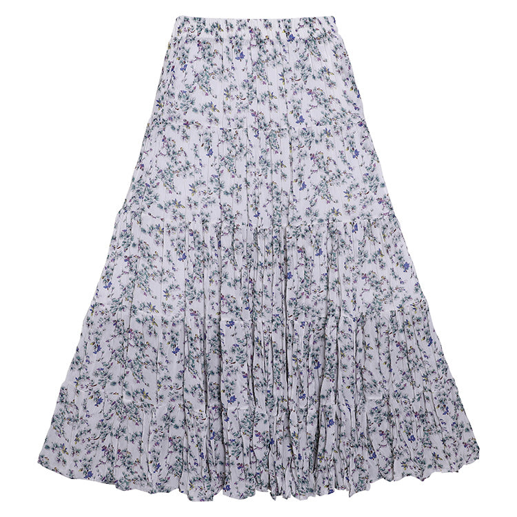 Yuan Su's new summer Wizard of Oz floral pleated skirt, high waist versatile and thin wrinkled A-shaped big swing skirt-Fine Flowers - White-one size fits all-Free Shipping Leatheretro
