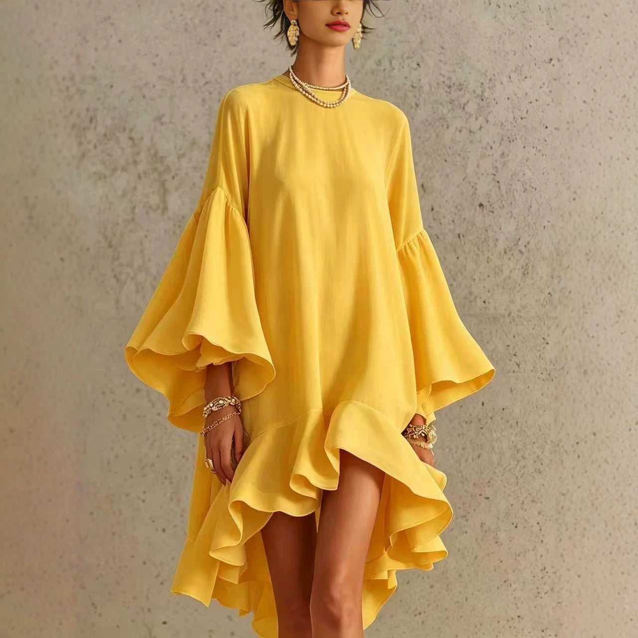 Solid Color Round Neck Flared Bell Sleeve Asymmetrical Hem Oversized Dress