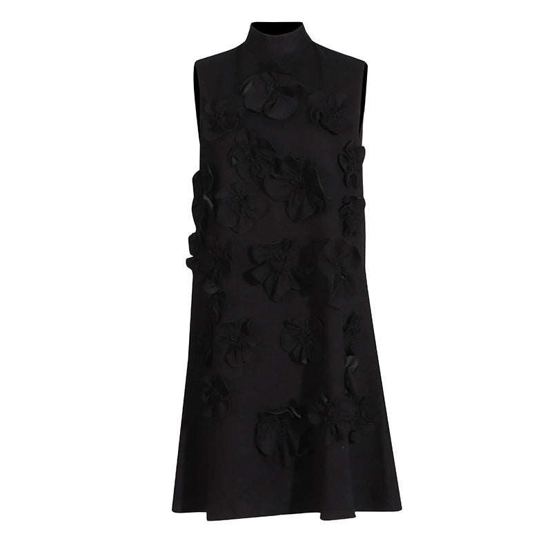 Retro Summer Stand Collar, Sleeveless Dresses with 3D Floral Details