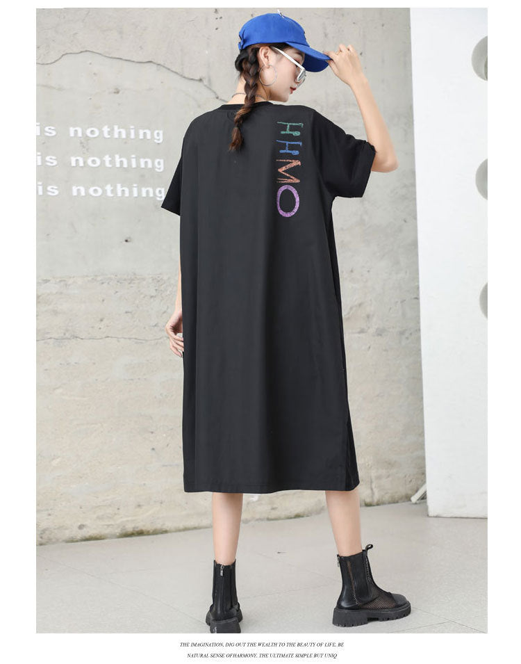 Letter Designed Summer Short Sleeves Plus Sizes Midi Dresses-Dresses-Black-One Size-Free Shipping at meselling99