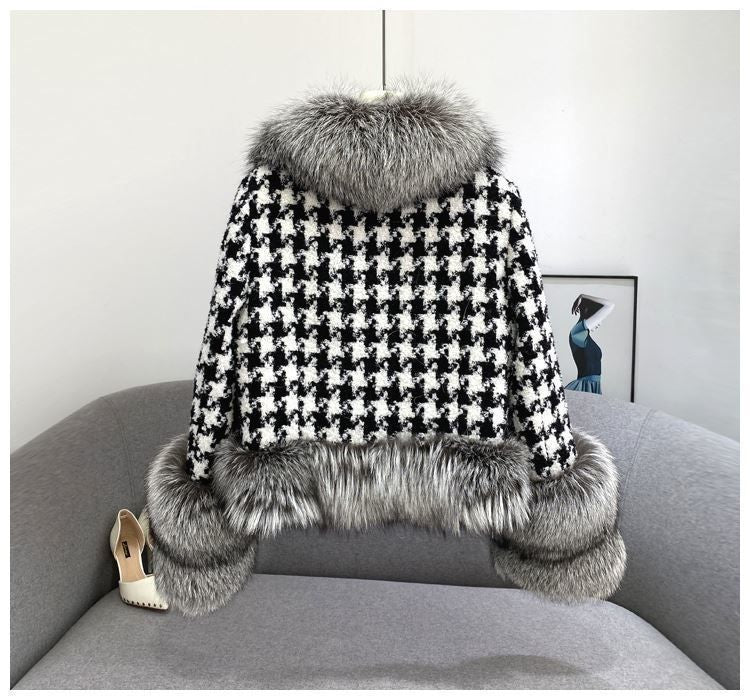 Women‘s Short Houndstooth Eco-friendly Fur Jacket