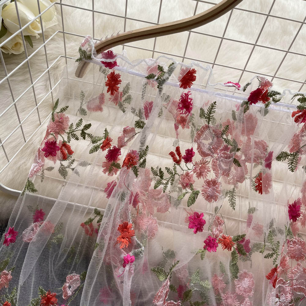 Off-Shoulder Mesh Embroidered See-Through Blouse