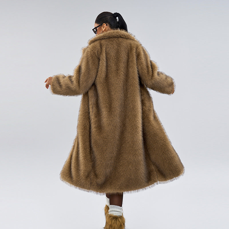 Women's Long Faux Fur Coat – Winter & Autumn Oversized Blazer Collar Jacket