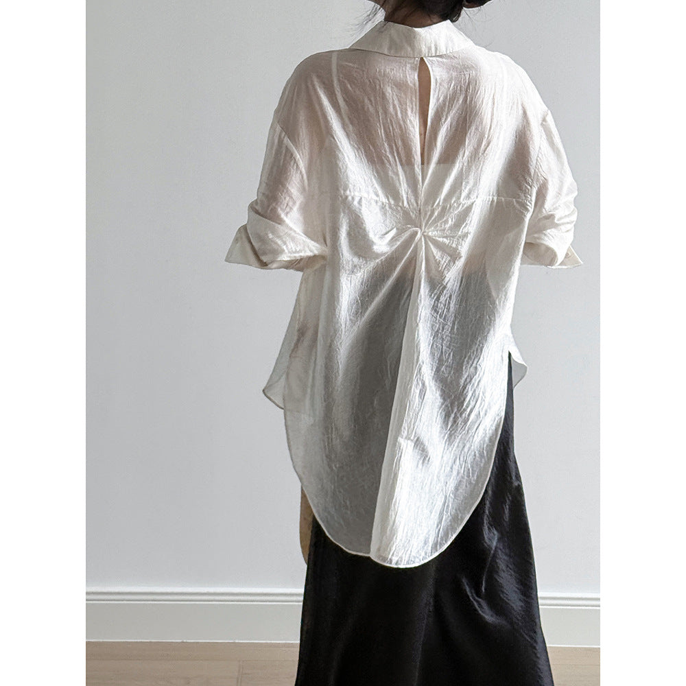 Women's Backless Knotted Shirt – Summer Loose Fit Long Sleeve Sun Protection Blouse-White-M-Free Shipping Leatheretro