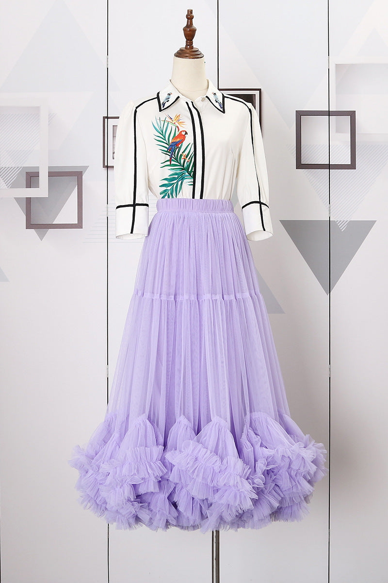 Layered Tulle Skirt with Floral Lace Trim-black-One Size-Free Shipping Leatheretro