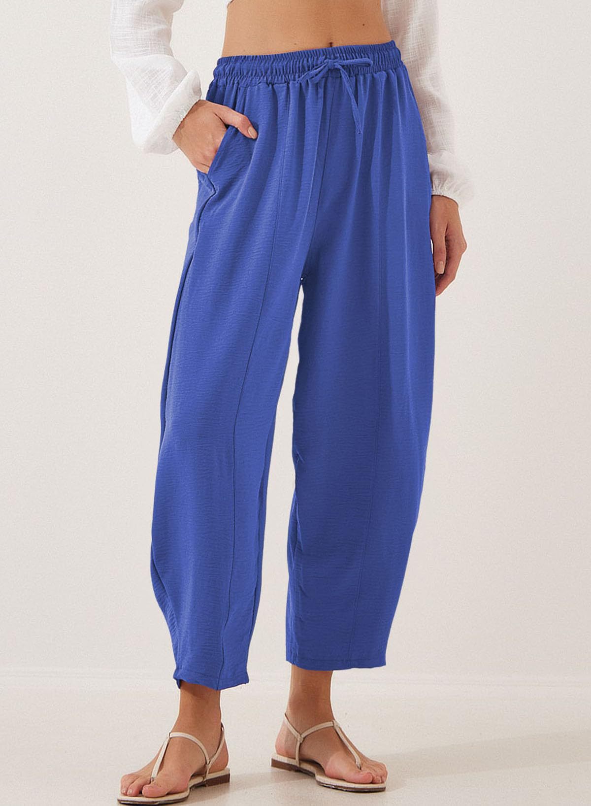 Women's Summer High-Waisted Loose Vacation Drawstring Casual Cropped Pants with Side Pockets