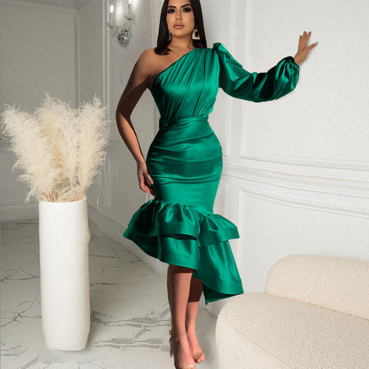 Designed One Shoulder Irregular Green Evening Party Dresses-Dresses-Free Shipping at meselling99