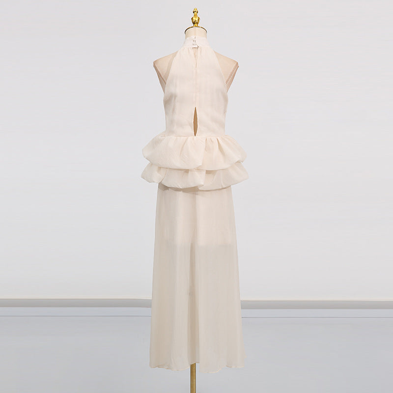 Elegant High-Neck Sleeveless Summer Dress with Waist Ruffle Detail