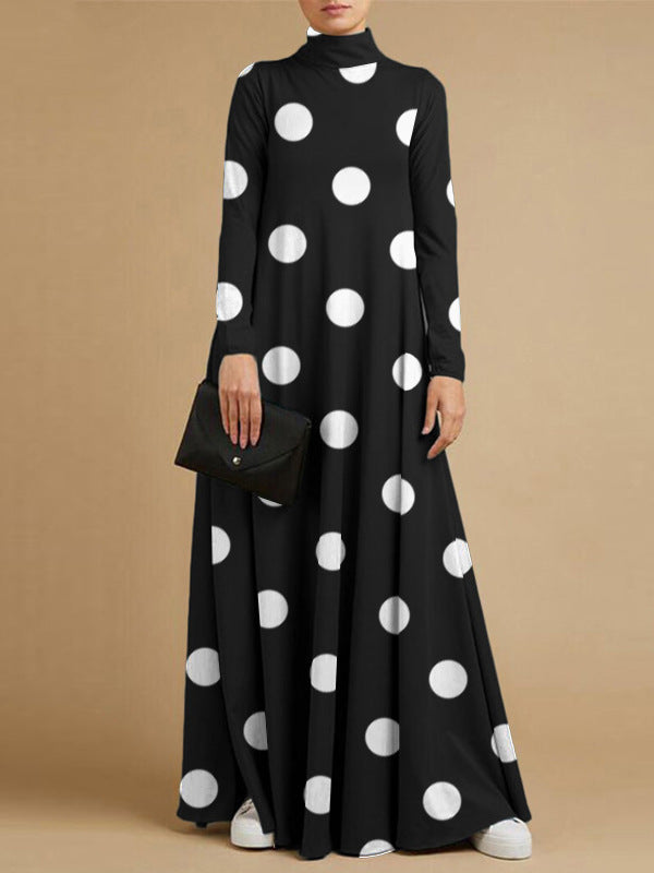 Leisure Polk Dot High Neck Long Sleeves Fall Dresses-Dresses-Free Shipping at meselling99