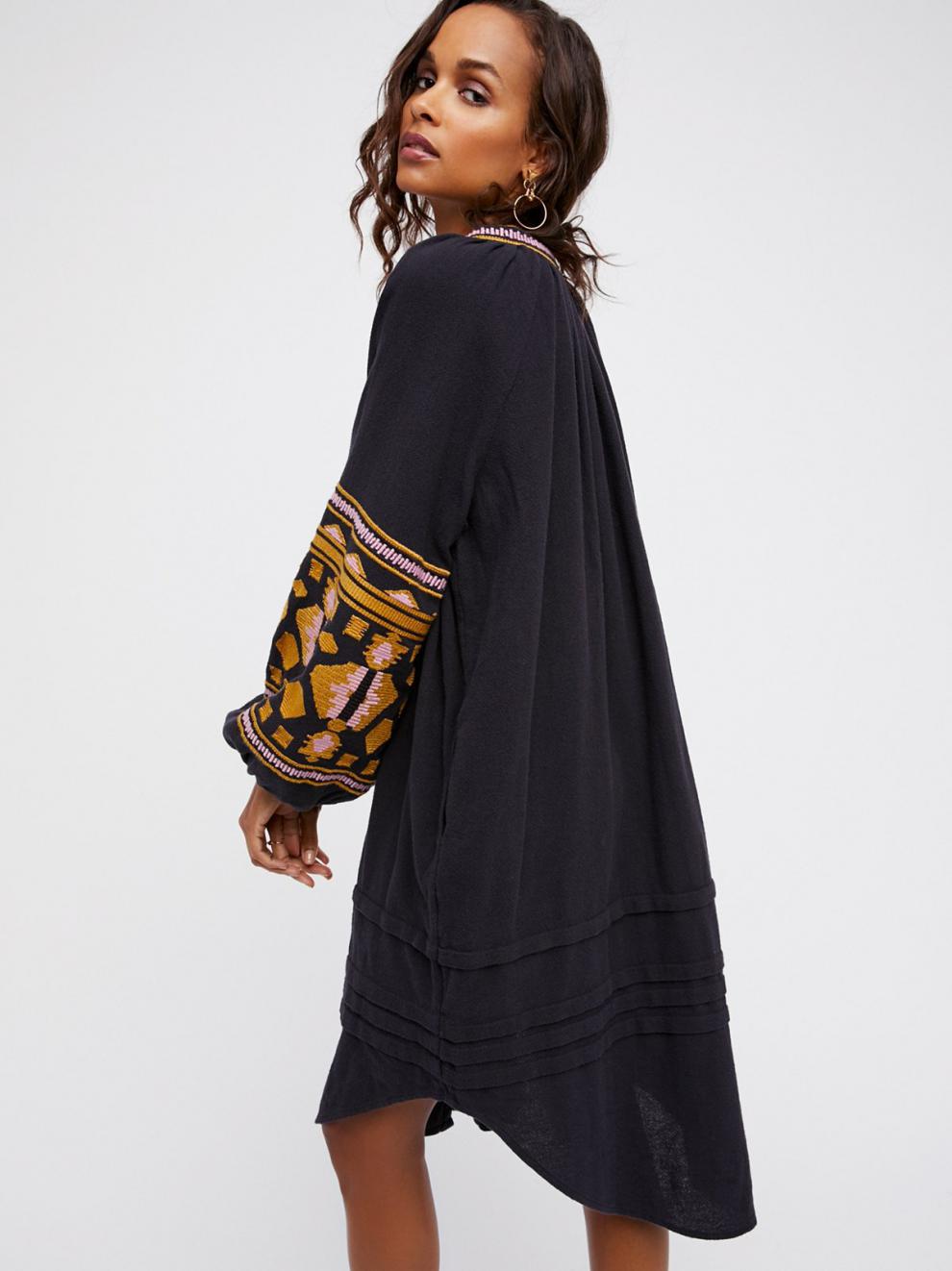 Bohemian Ethnic Embroidered Loose Front Button Dress