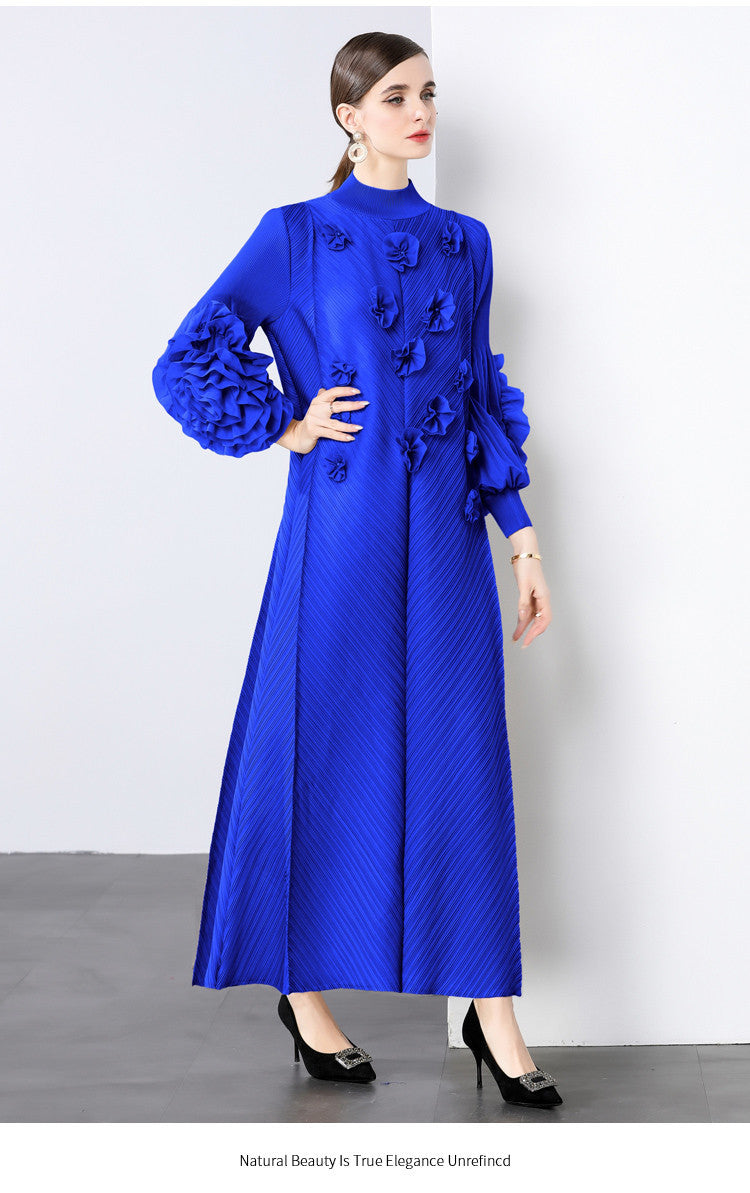 Stylish Slim-Fit Solid Color High Neck Dress with 3D Flowers