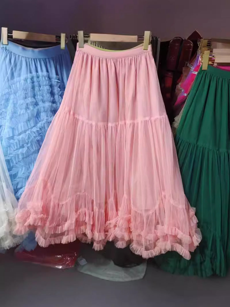 Layered Tulle Skirt with Floral Lace Trim-black-One Size-Free Shipping Leatheretro