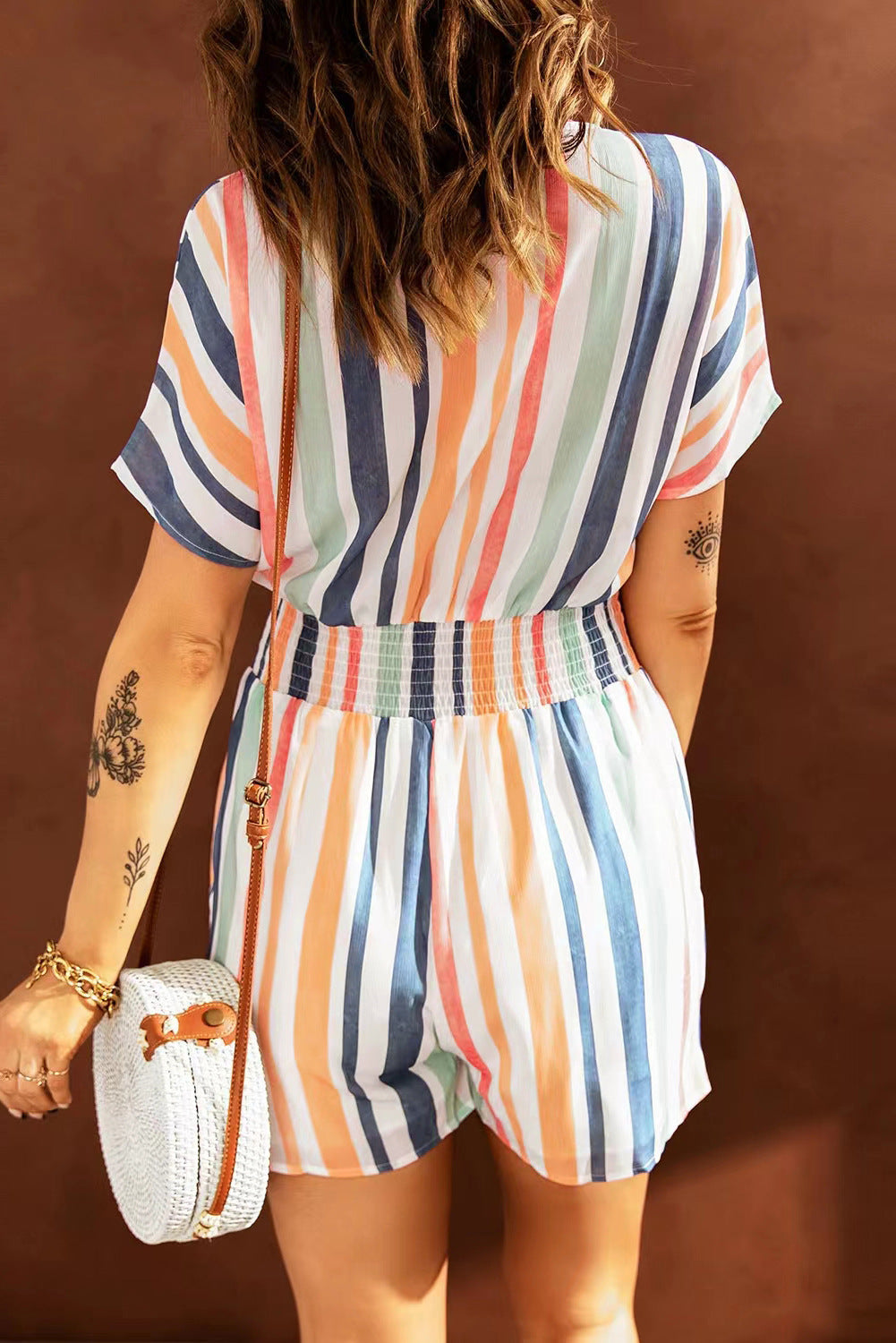 Summer Casual Striped Elastic Waist Romper Jumpsuits