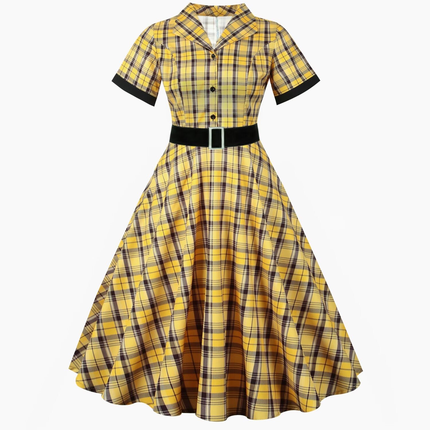Retro Plaid Short Sleeve Dress with Belt