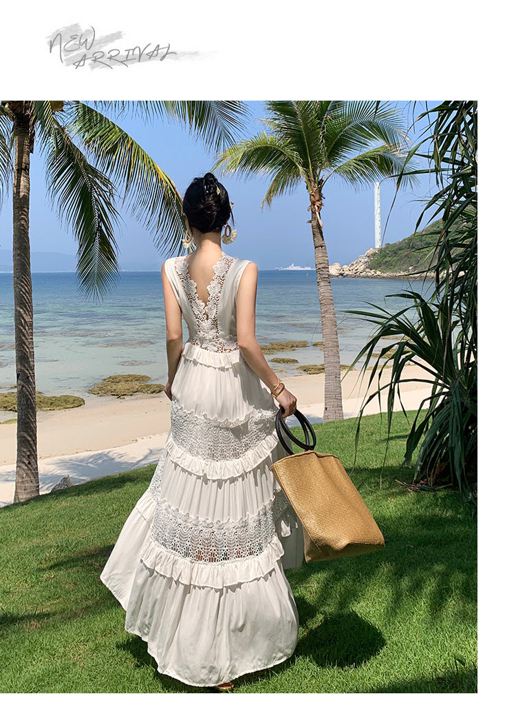 White Lace Cutout Dress -  Boho Summer Sundress for Vacations