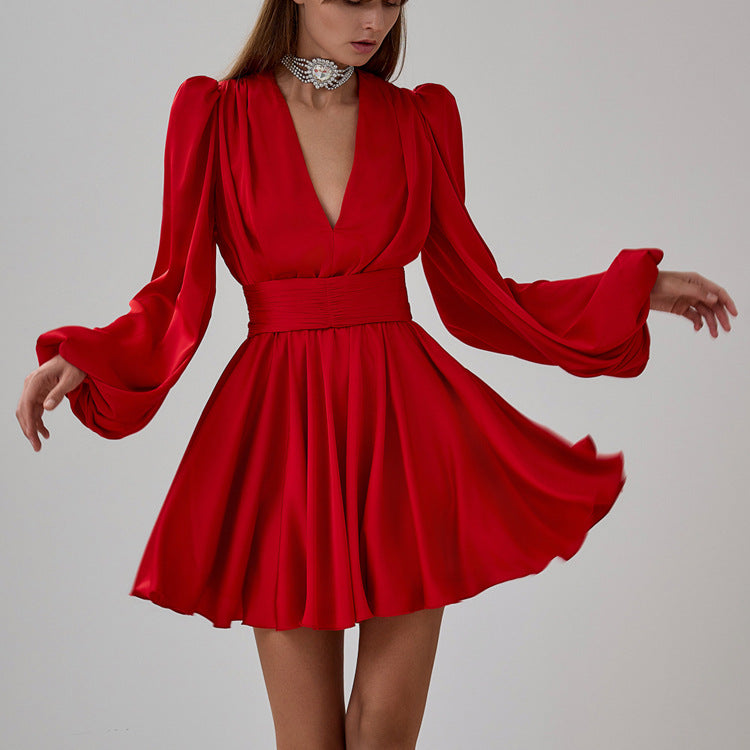 Elegant Red Ruffled Satin Dress
