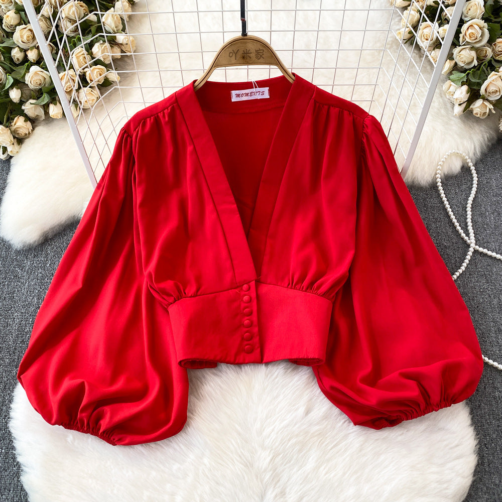Women's Fashion V-Neck Lantern Sleeve Crop Top