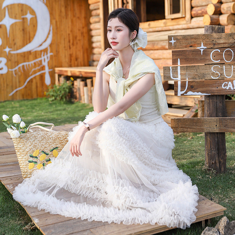 Layered Tulle Skirt - High Waist Ruffled Lace Trim Semi-Formal Skirt