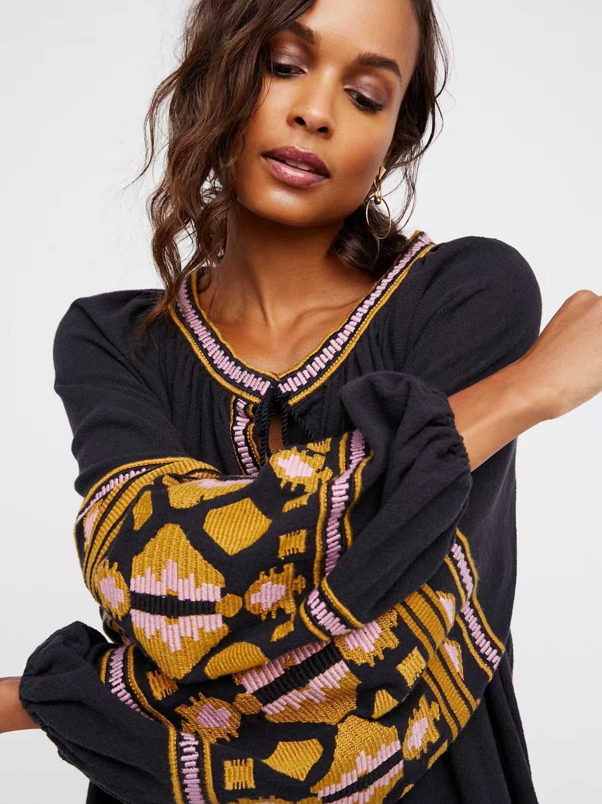 Bohemian Ethnic Embroidered Loose Front Button Dress