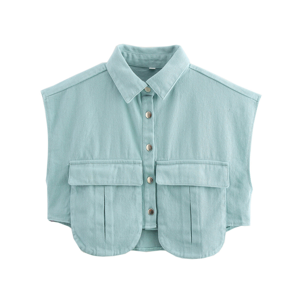 Women's Solid Color Oversized Pocket Sleeveless Polo Collar Denim Shirt Top