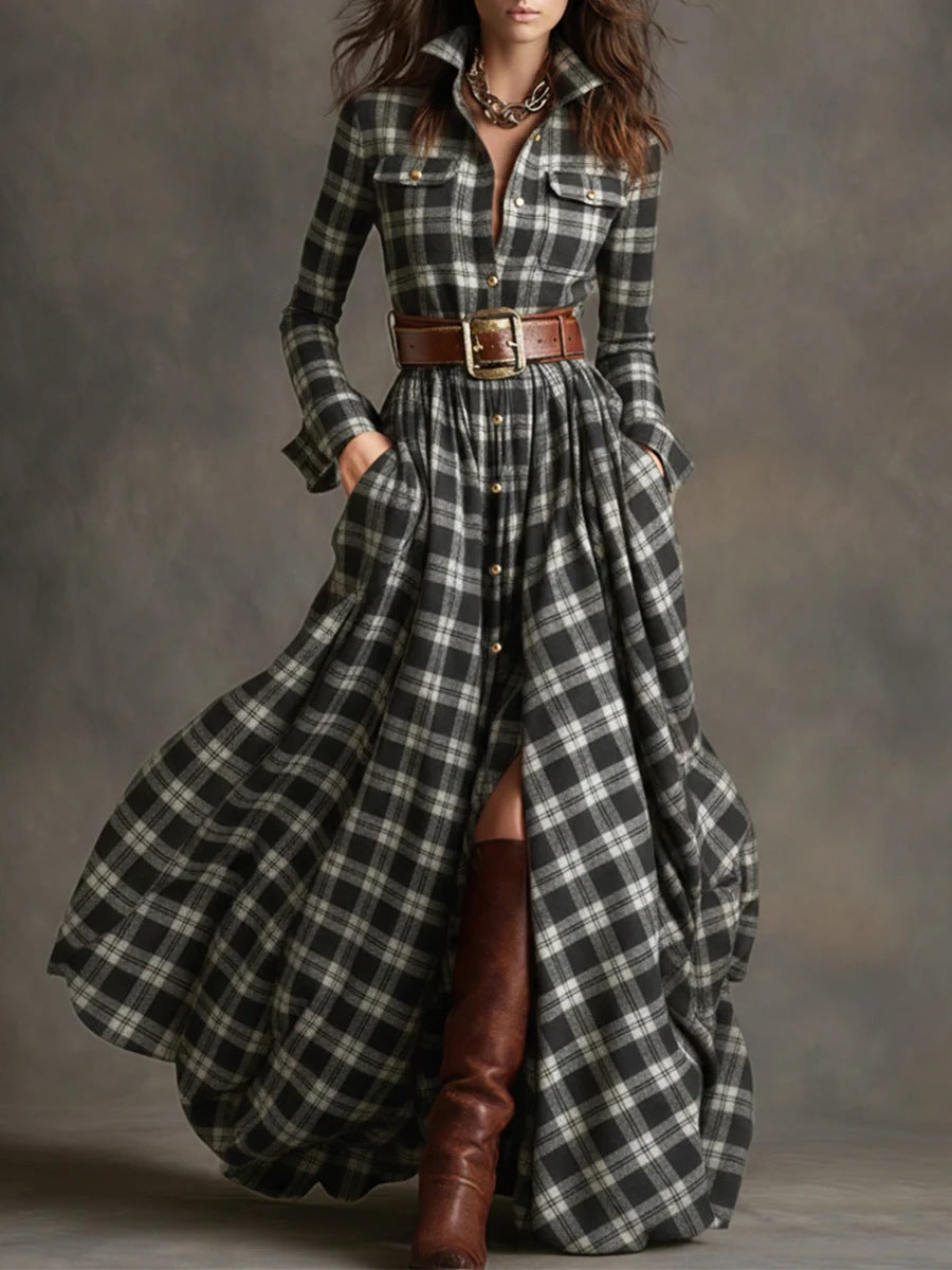 Plus Size French Vintage Plaid Slimming Irregular Hem Dress