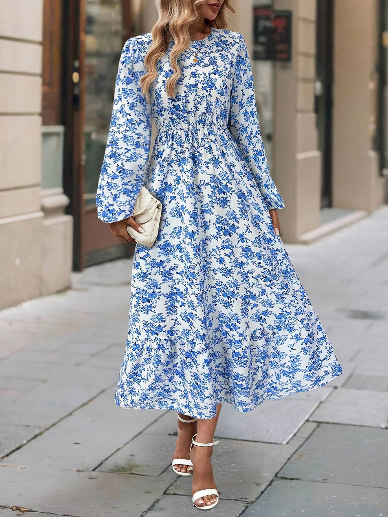 Floral Print Ruffle Hem Long Sleeve Dress