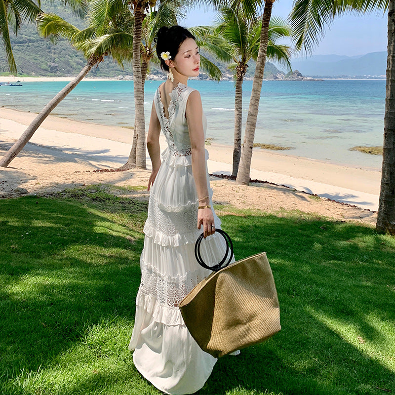 White Lace Cutout Dress -  Boho Summer Sundress for Vacations