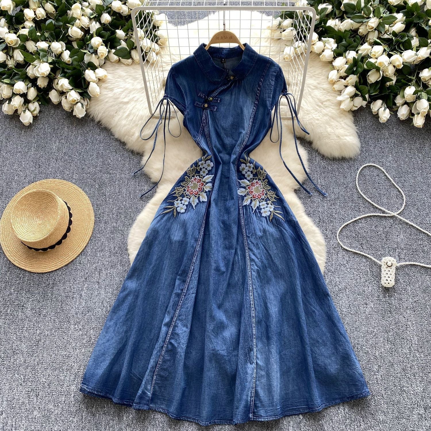Retro Elegant Embroidery Women's Denim Dress