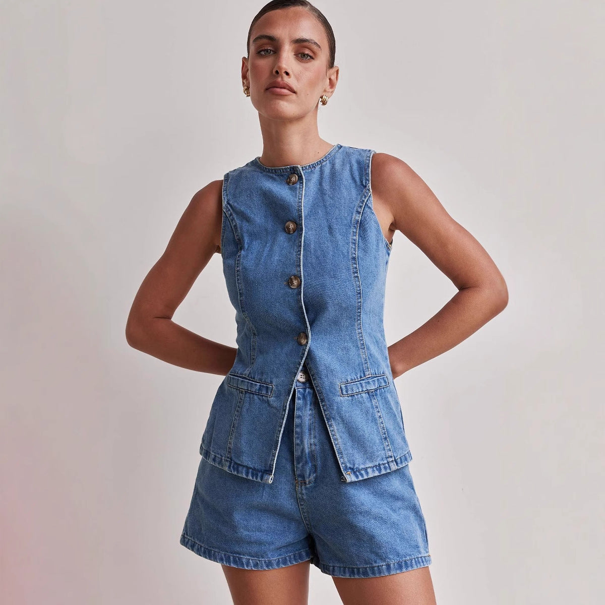 High-Waisted Distressed Denim Shorts Set
