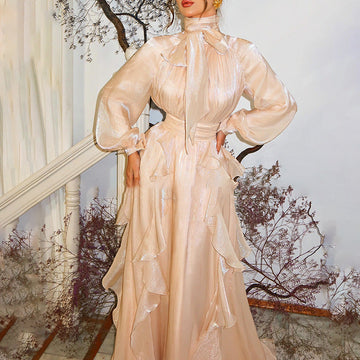 Summer Stand Collar Lantern Sleeve Ruffled Waist Dress for Women