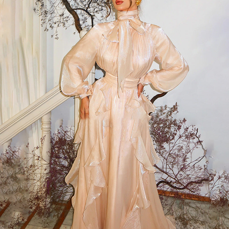 Summer Stand Collar Lantern Sleeve Ruffled Waist Dress for Women