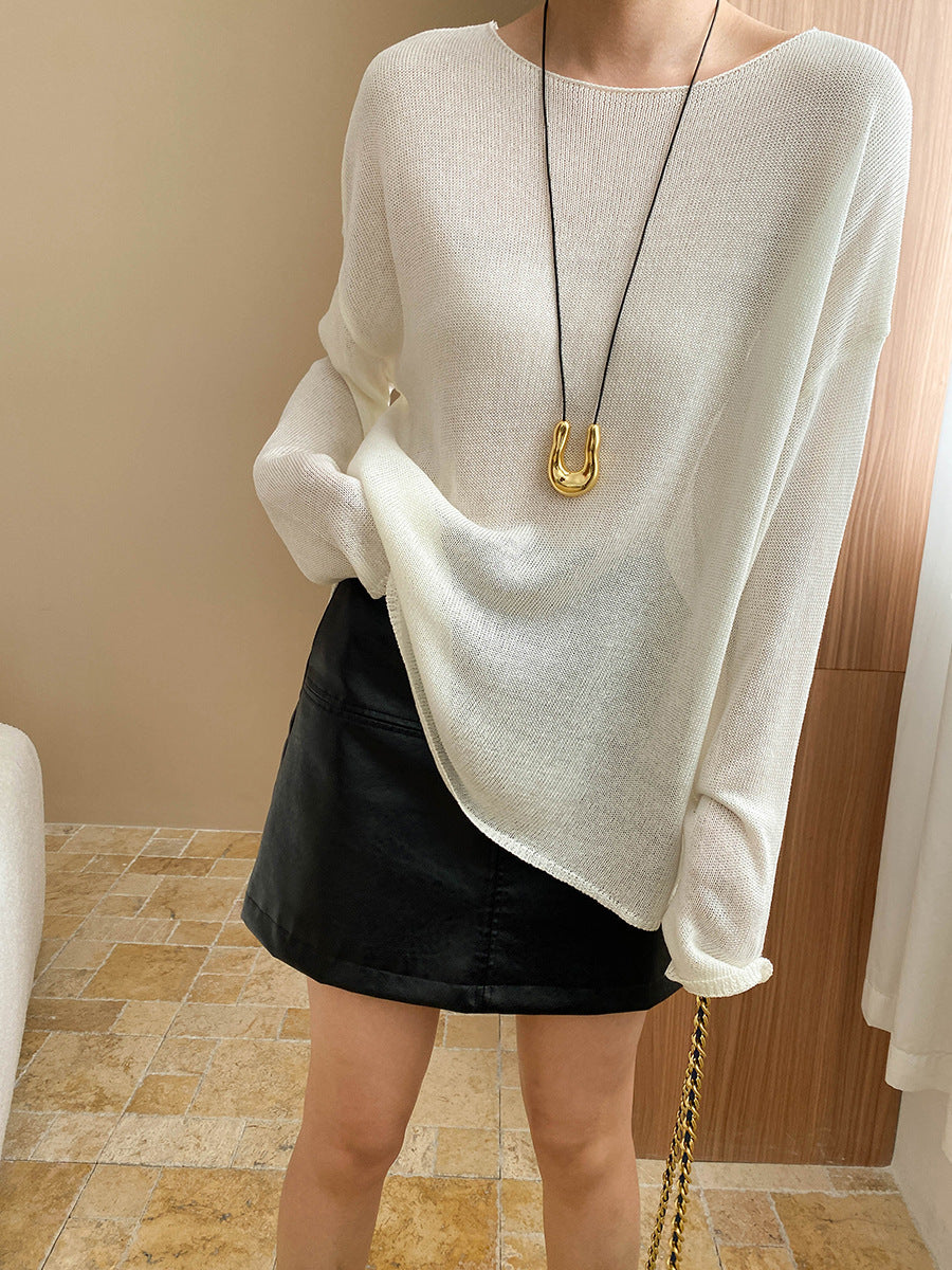Linen-Blend Relaxed Knit Shirt Blouses