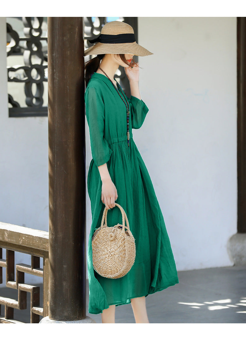 Casual Linen Half Sleeves Drawstring Long Cozy Dresses-Dresses-Free Shipping at meselling99