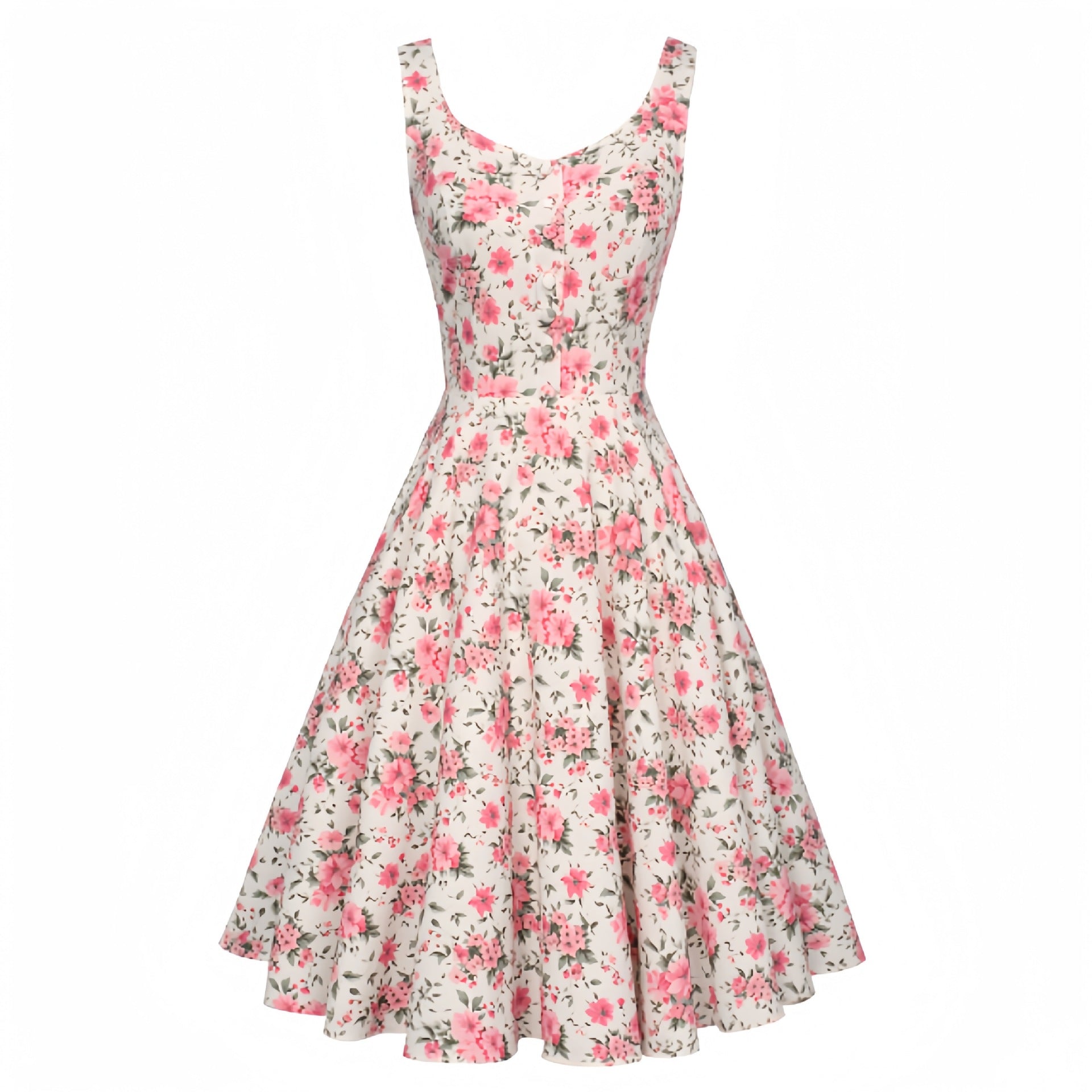 Retro Homecoming Dress - Floral Print A-Line Swing Dress with Buttons