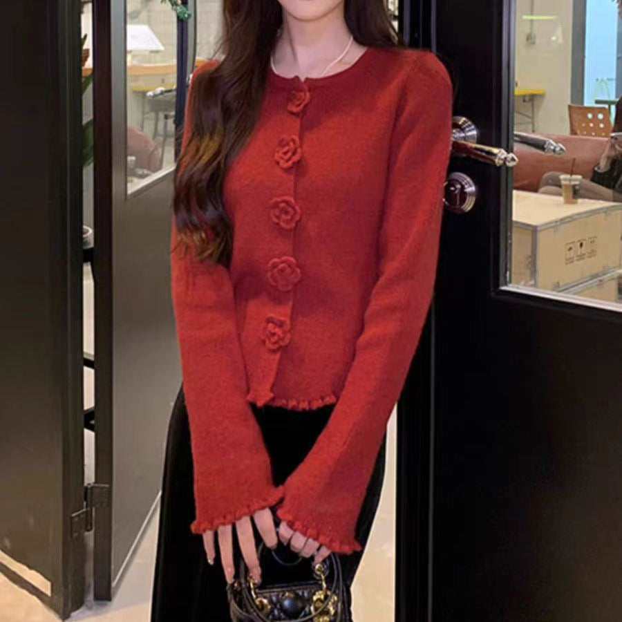 Floral Embroidery Button-Up Knit Cardigan