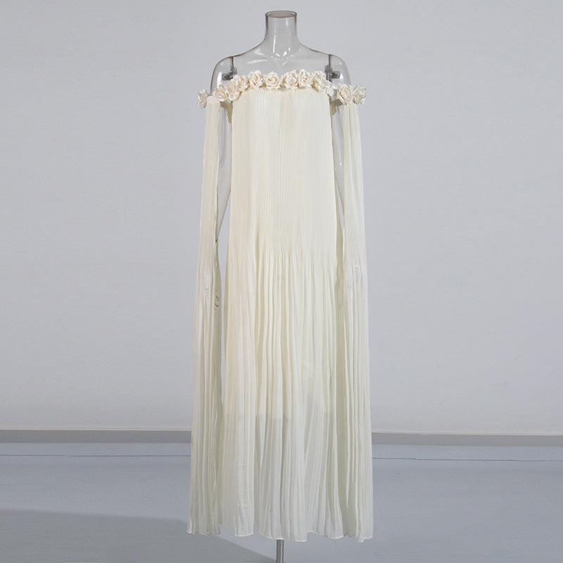 Designed Women's Floral Patchwork Maxi Dress with 3D Flower Shoulder