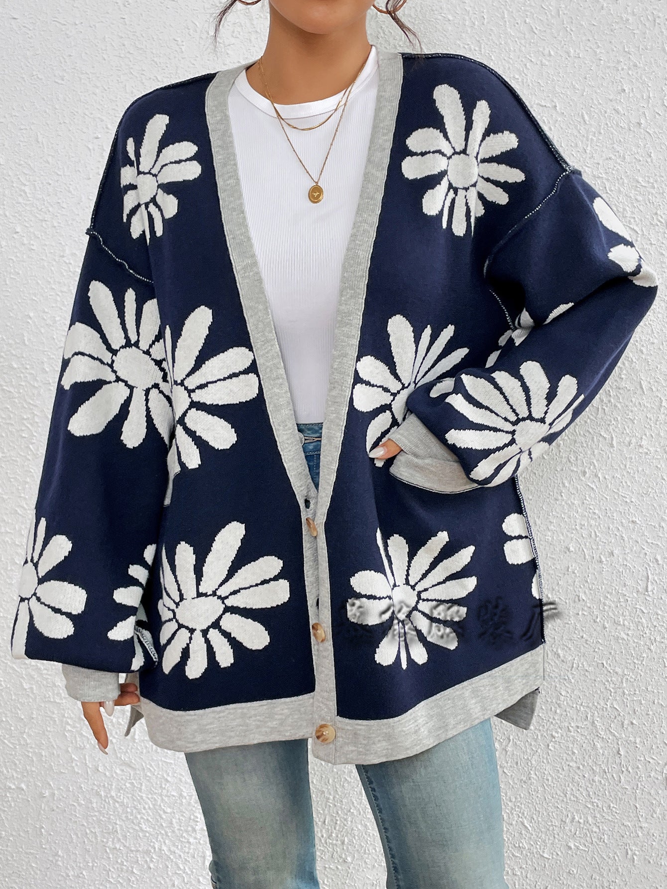 Casual Floral Print Knitted Cardigan Coats