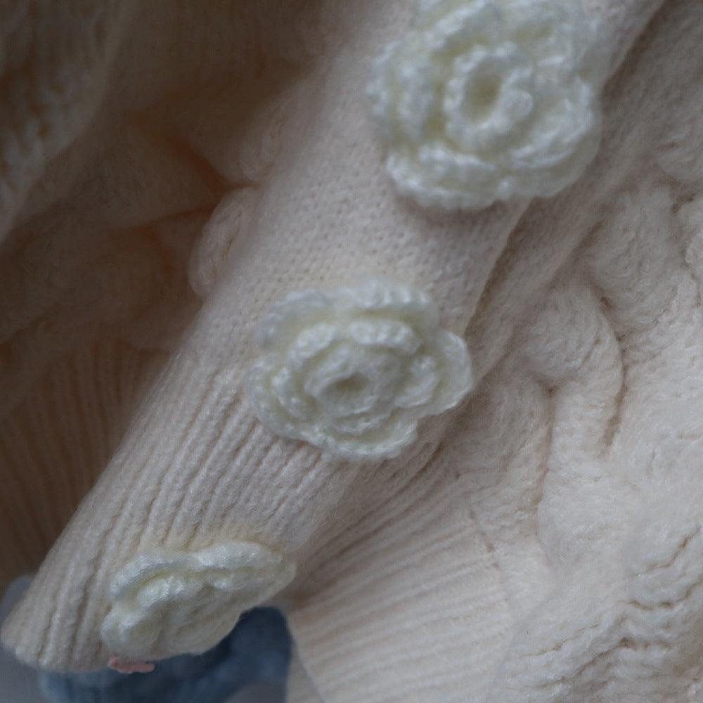 Women's Sweet Short Knit Top – Long Sleeve Floral Embroidered Cardigan Sweater