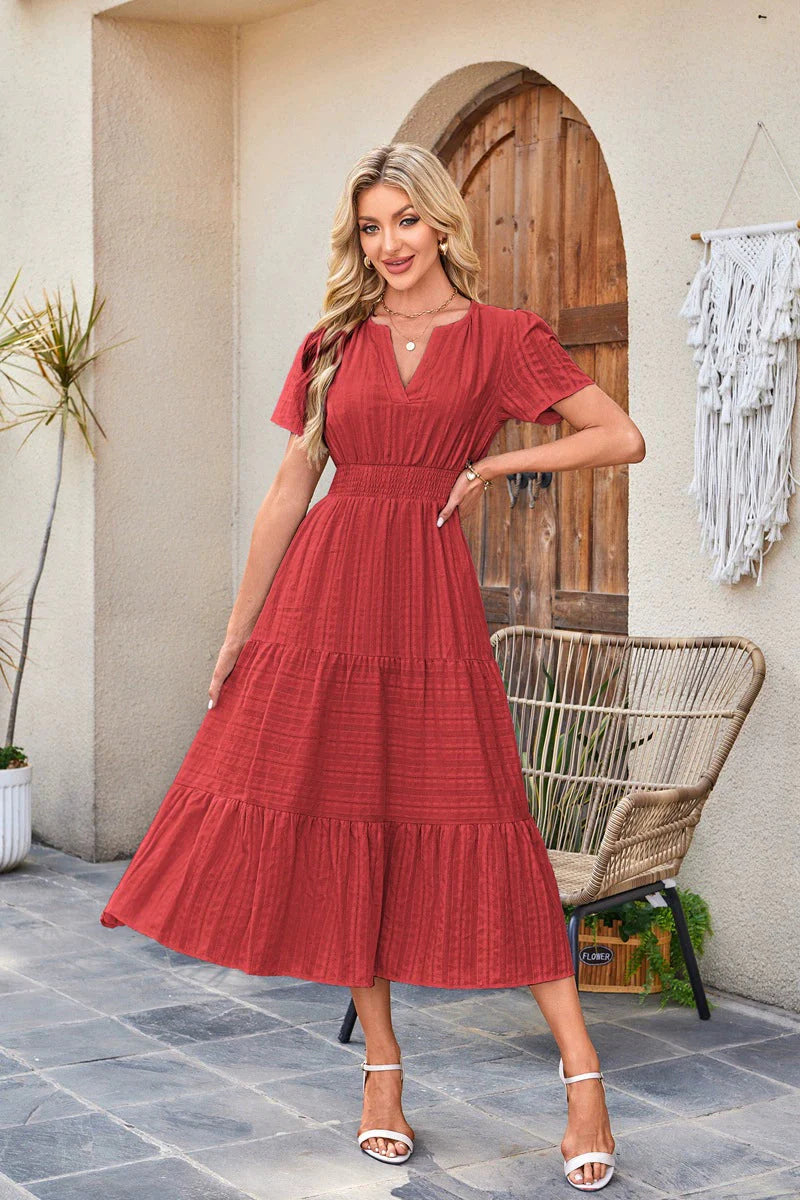 V-Neck Pleated Puff Sleeves Long-Sleeved Dress