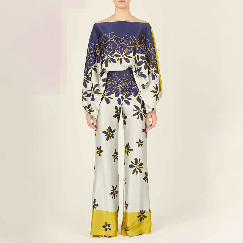 Women's Printed Round Neck Batwing Sleeve Top & Wide-Leg Pants Set