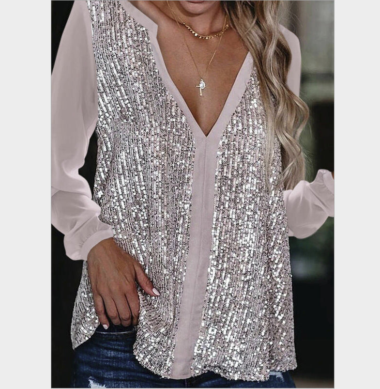 Leisure Sequined Long Sleeves Blouses Shirts for Women