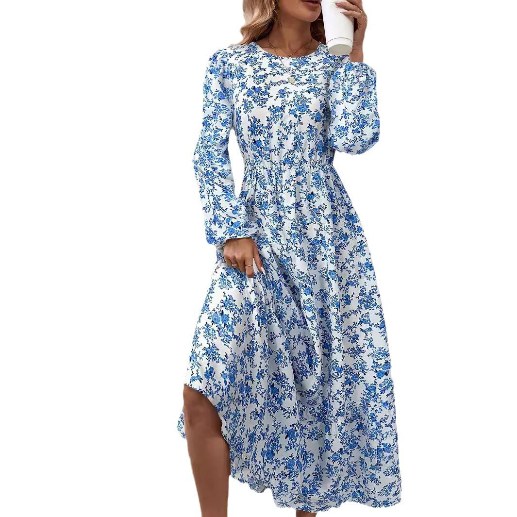Floral Print Ruffle Hem Long Sleeve Dress