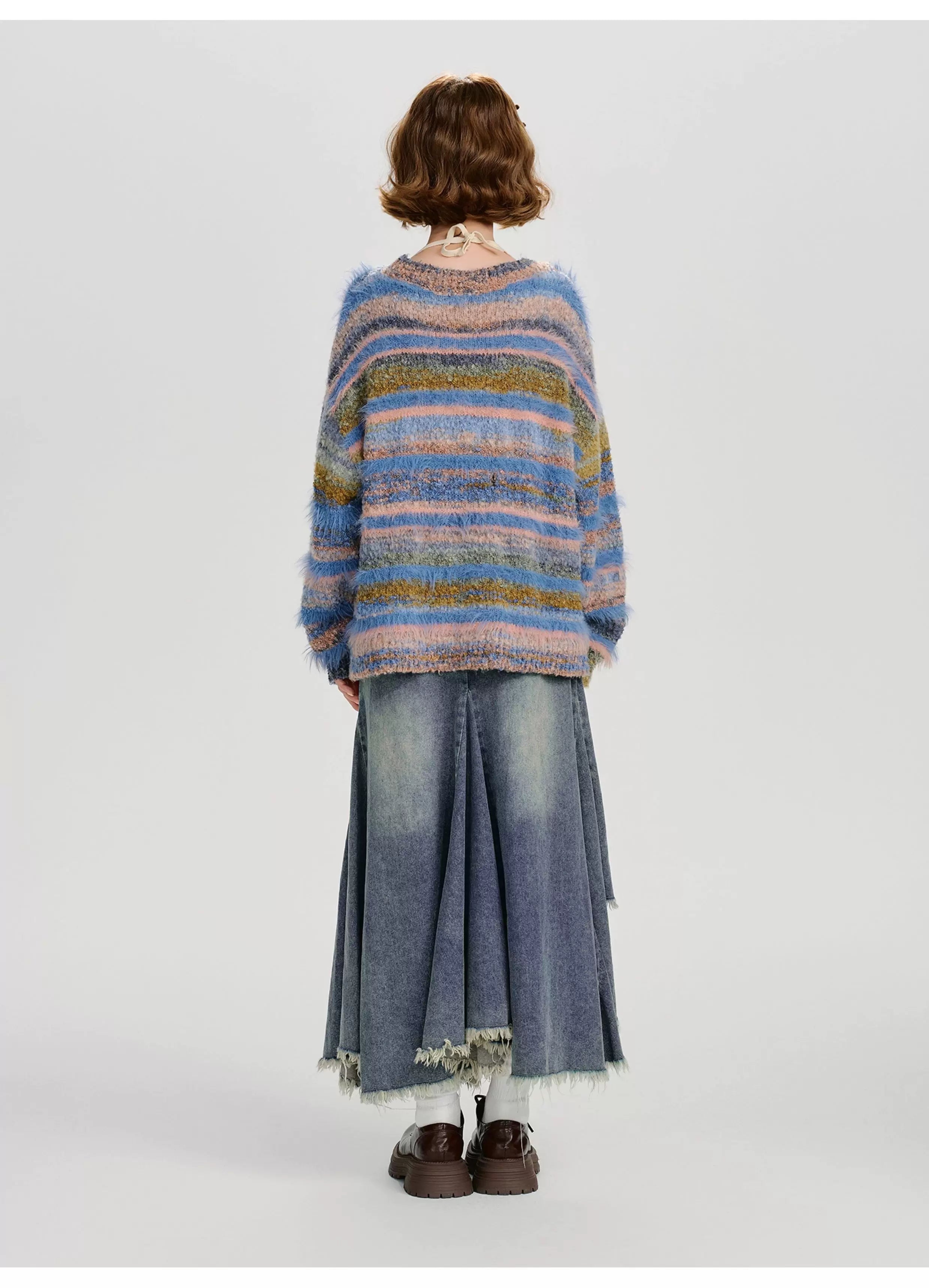 Girlyhalo Vintage Gradient Striped Plush Cardigan