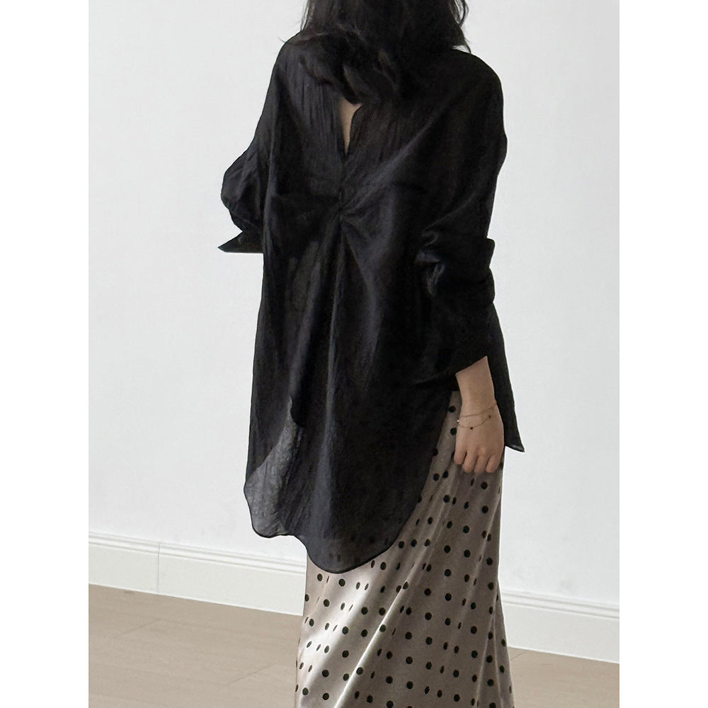 Women's Backless Knotted Shirt – Summer Loose Fit Long Sleeve Sun Protection Blouse-Black-M-Free Shipping Leatheretro