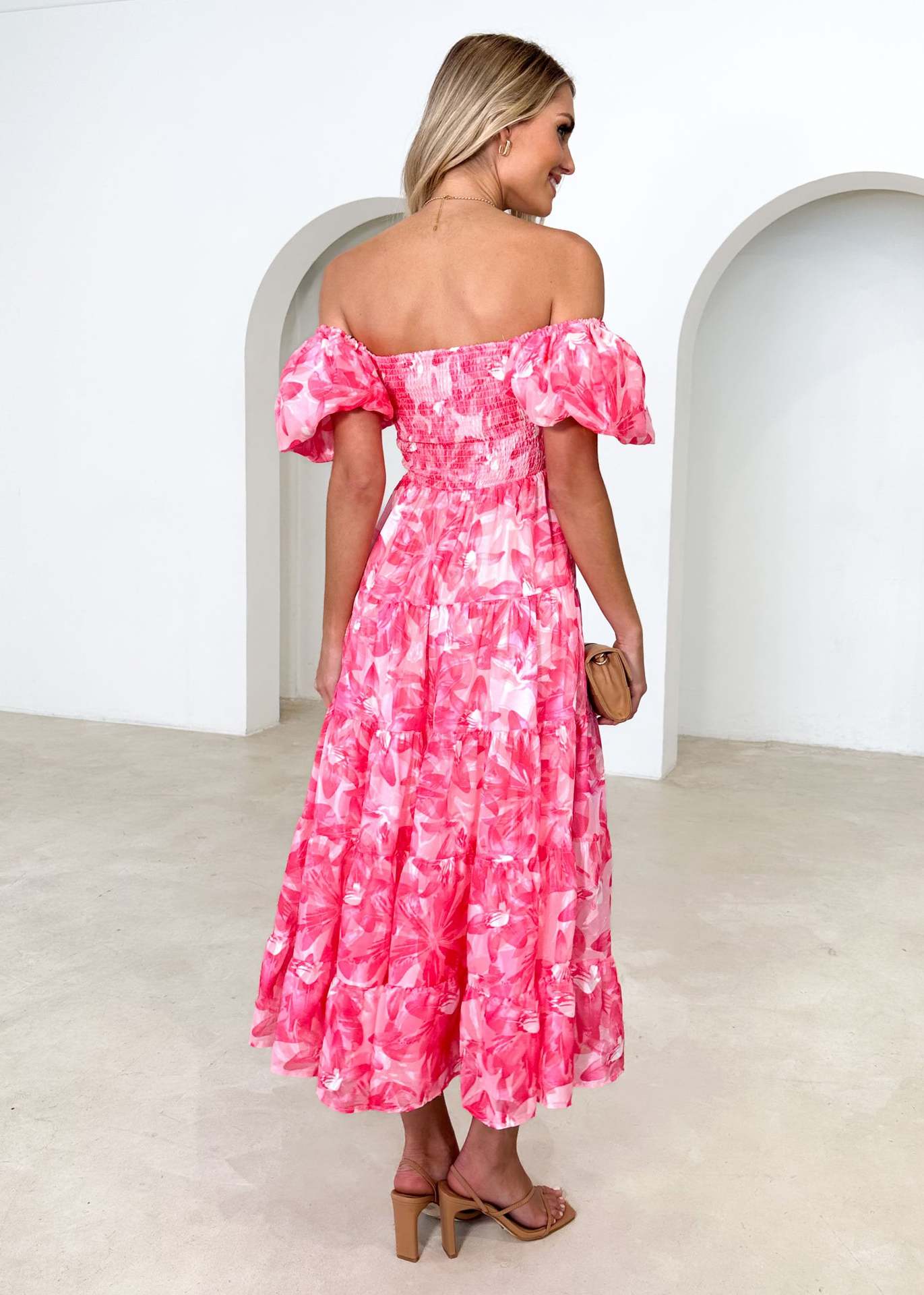 Spring Summer Off-Shoulder Floral Print Puff Sleeve Dress