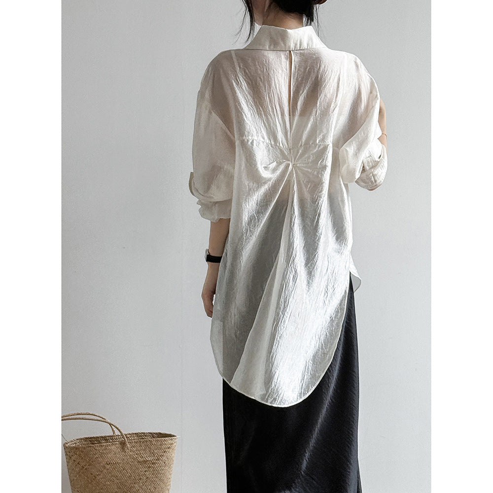 Women's Backless Knotted Shirt – Summer Loose Fit Long Sleeve Sun Protection Blouse-White-M-Free Shipping Leatheretro