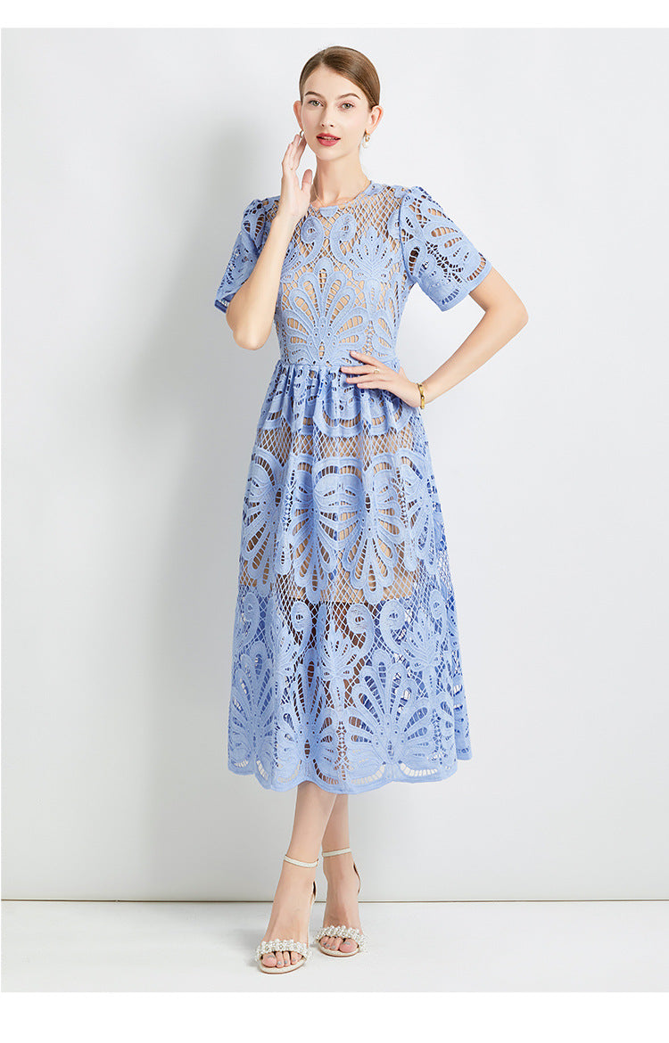 Elegant Slimming Waist with Hollow-Out Lace & Contrast  Dresses