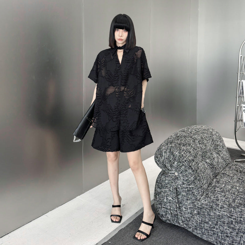 Women's Unique Jacquard Casual Cotton Set – Oversized Bat Sleeve Top + Elastic Waist Shorts