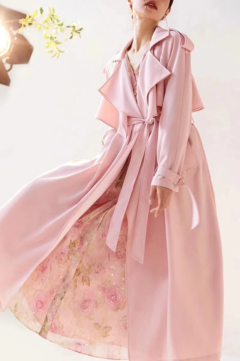 Elegant Pink Long Belted Lightweight Draped Trench Coat