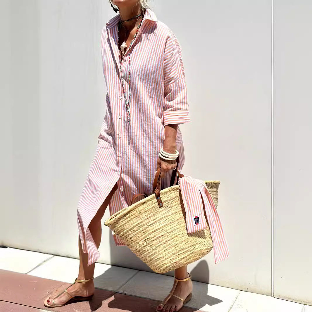 Women's half Sleeve Striped Button-Down Shirt Dress with Lapel Collar